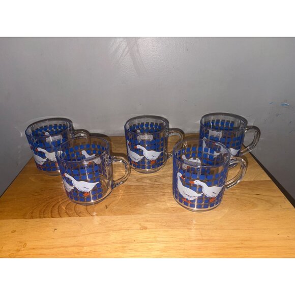 Set Of 5 Carlton 1982 Clear Glass Coffee Mugs Blue Checkered Goose Geese Duck - Picture 5 of 9